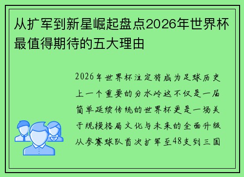 从扩军到新星崛起盘点2026年世界杯最值得期待的五大理由 从扩军到新星崛起盘点2026年世界杯最值得期待的五大理由