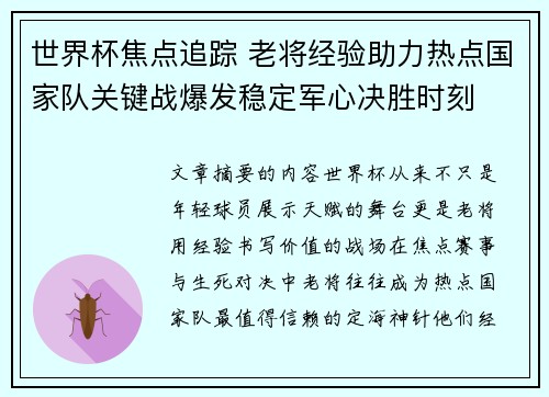 世界杯焦点追踪 老将经验助力热点国家队关键战爆发稳定军心决胜时刻 世界杯焦点追踪 老将经验助力热点国家队关键战爆发稳定军心决胜时刻